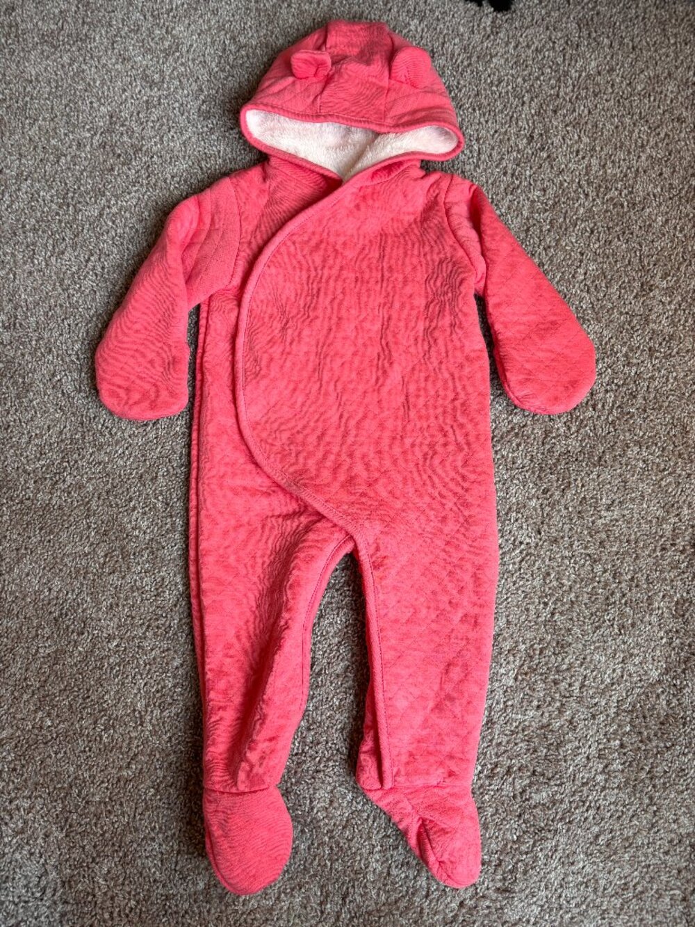 Carter's Pink Quilted Hooded Bunting Suit Sherpa Lined Bear Ears 9 Months